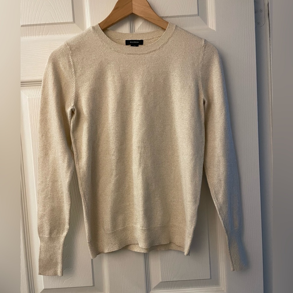 Halogen Classic Crew Neck Sweater Knit Top Cream Soft Gold Threads NWOT